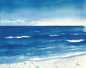 Serene watercolor seascape with minimalist blue tones