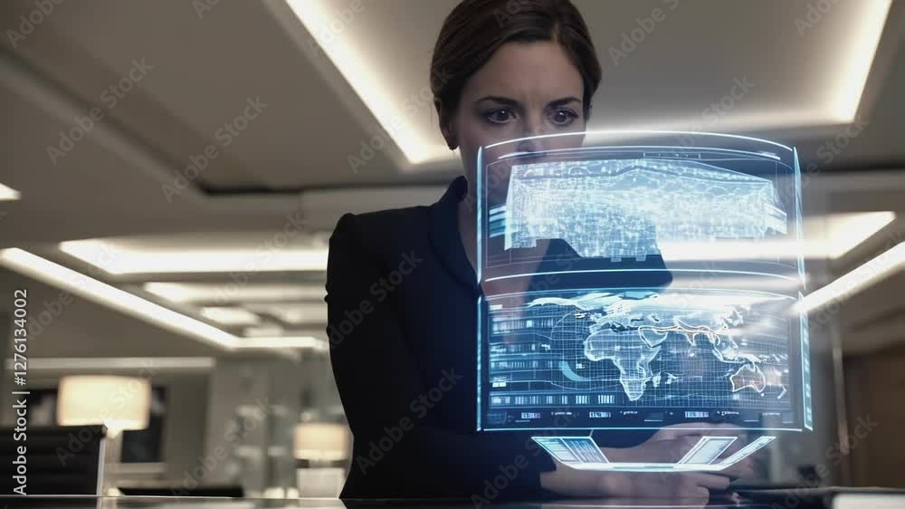 Poster businesswoman in a modern office setting interacts with a holographic display, showcasing global dat