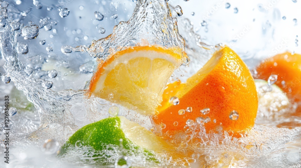 Poster fresh citrus fruits splashing into water, creating dynamic droplets and refreshing ambiance