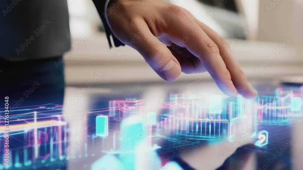 Poster Businessman interacts with holographic futuristic interface displaying financial charts and data, navigating complex information with a touch