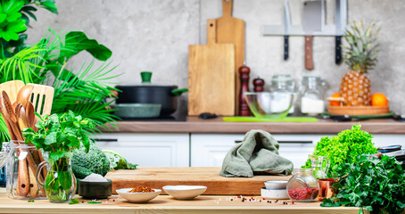 Nutritious Meals, Cooking, Culinary Arts, Food Blogging, and Dining Scene. Veggies and Oak Cutting Board in Cozy Kitchen with Wooden Table, Kitchen Tools, and Cooking Ingredients