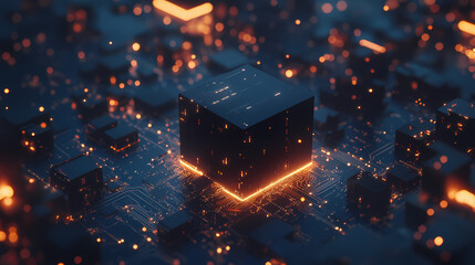 Tech Cube: Black Device on Circuit Board with Orange and Blue Lights