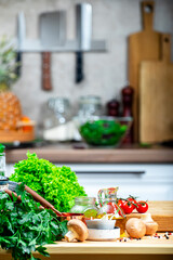 Wholesome Dining, Cooking Adventures, and Food Blogging. Oak Cutting Board with Veggies in  Cozy, Wooden Kitchen