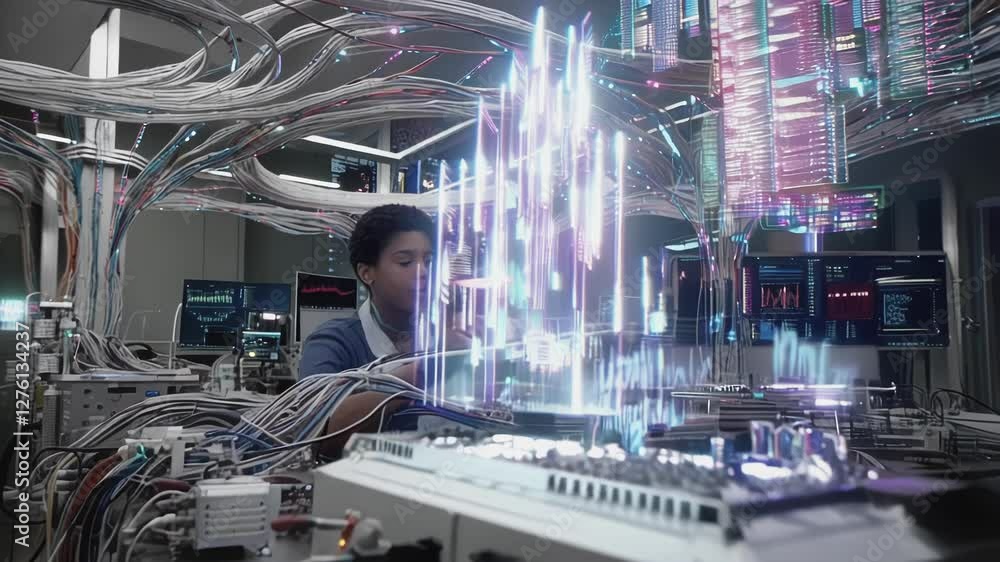 Fototapete Laboratory technician interacting with futuristic holographic interface, manipulating complex business data visualized as colorful charts and graphs