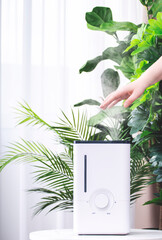 Modern home humidifier and woman hand over it in mist in modern apartment with house plants