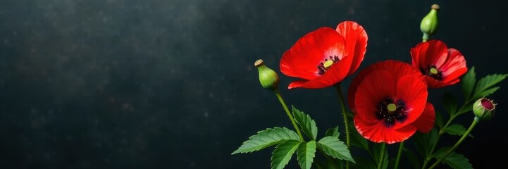 Obraz premium Bold crimson poppies & lush green leaves on dark grey, nature, vibrant, green