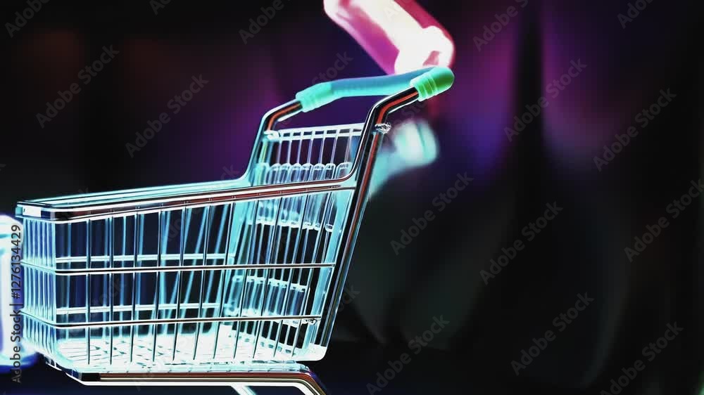 Poster futuristic e commerce visualization featuring holographic products falling around floating shopping 