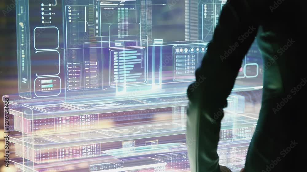 Aufkleber Business professional exploring advanced holographic interface, manipulating virtual data visualization with innovative touch interactions in sleek corporate workspace
