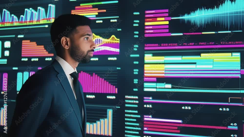 Poster Professional businessman standing in modern office, examining interactive holographic screen with colorful data visualizations, representing technological innovation in business analytics