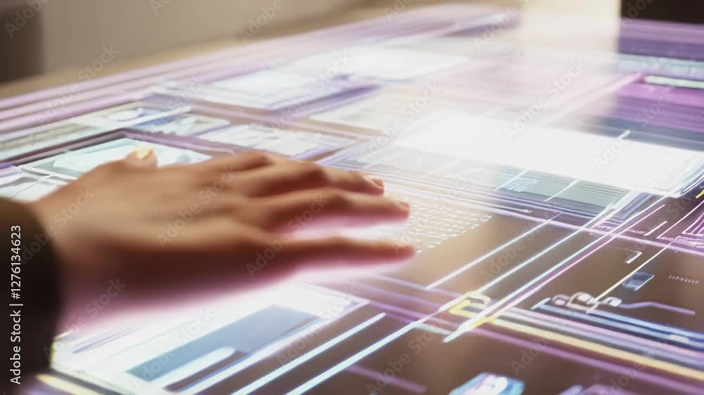 Aufkleber Hand gestures navigating a futuristic digital hologram interface, highlighting technology in business environments and virtual interactions