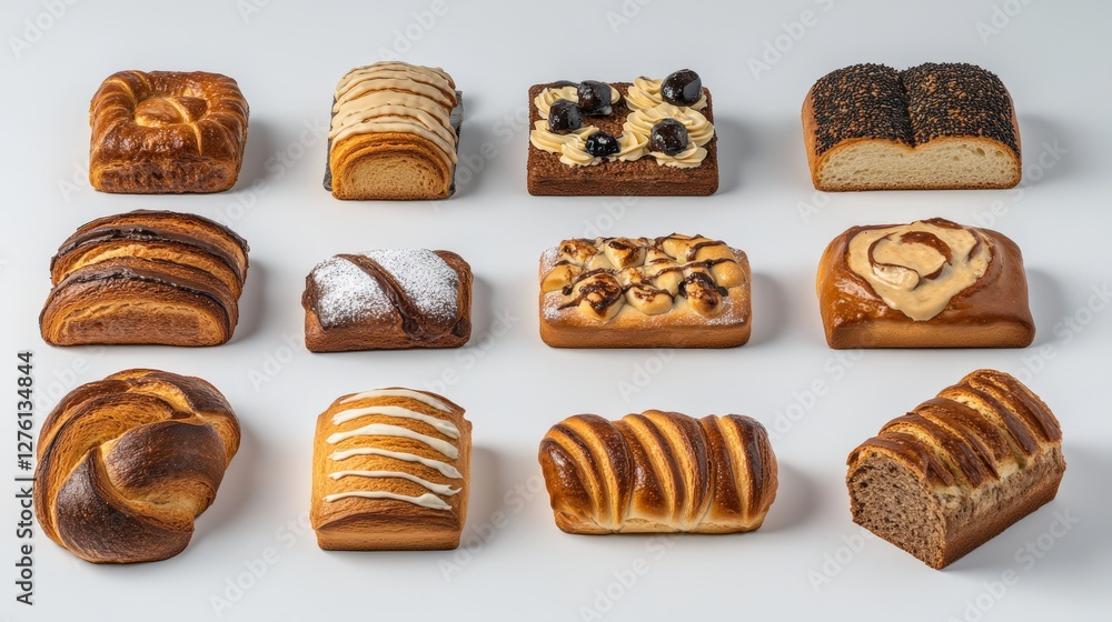 Poster assorted freshly baked breads and pastries displayed on a clean surface, showcasing various textures