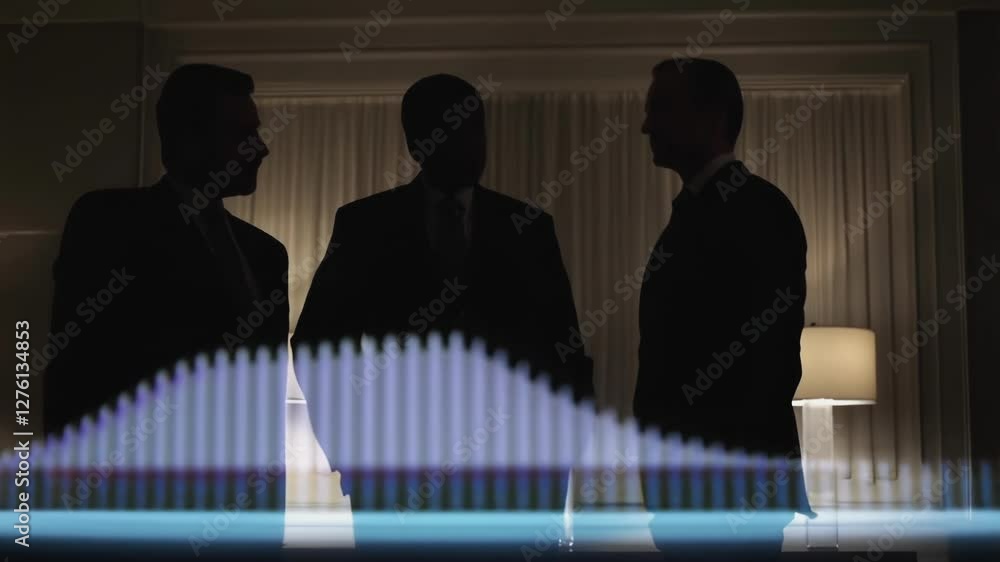 Leinwandbilder three business professionals engage in conversation, illuminated by dynamic holographic data visuali