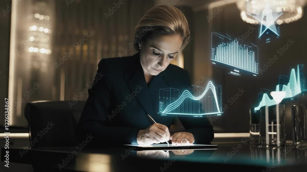 Poster focused businesswoman works with a holographic interface displaying financial graphs and data, showc