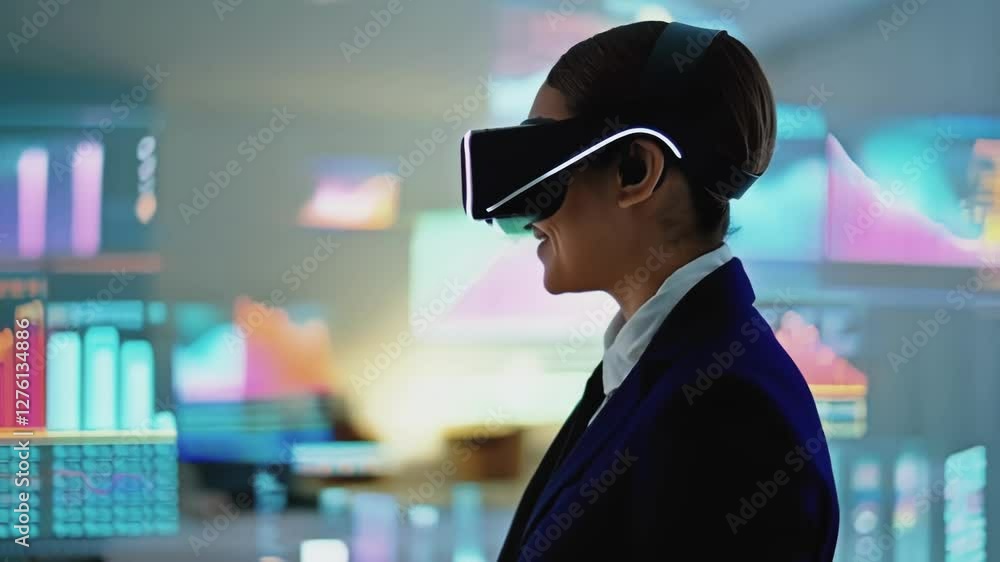 Aufkleber Business executive uses virtual reality headset to interact with dynamic data holograms, illustrating advanced technology utilization in modern analytical environments