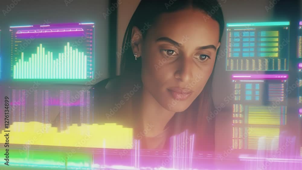 Poster professional businesswoman analyzing advanced holographic financial graphics, navigating digital dat
