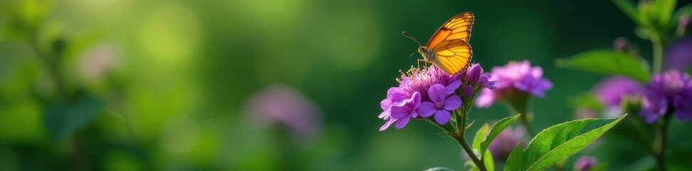 Naklejka premium Butterfly perched on a lush purple bloom amidst green foliage , picture, high resolution, flower