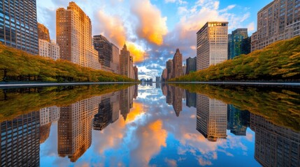 Obraz premium Autumn cityscape reflected in calm water, showcasing golden hour light, buildings, and vibrant fall foliage. Perfect for travel, urban, or seasonal