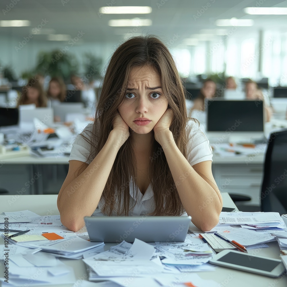 Poster a office manager look confused and worry about a lot of task and scheduled, sitting in her office wi