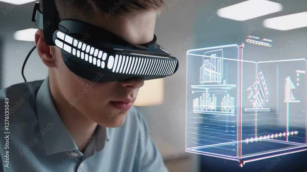 Aufkleber young professional wearing advanced visor analyzing holographic business data, visualizing complex c