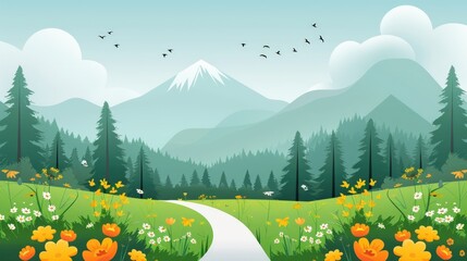 Fototapeta premium Serene Spring Mountain Meadow: A Path Through Blooming Flowers and Majestic Peaks