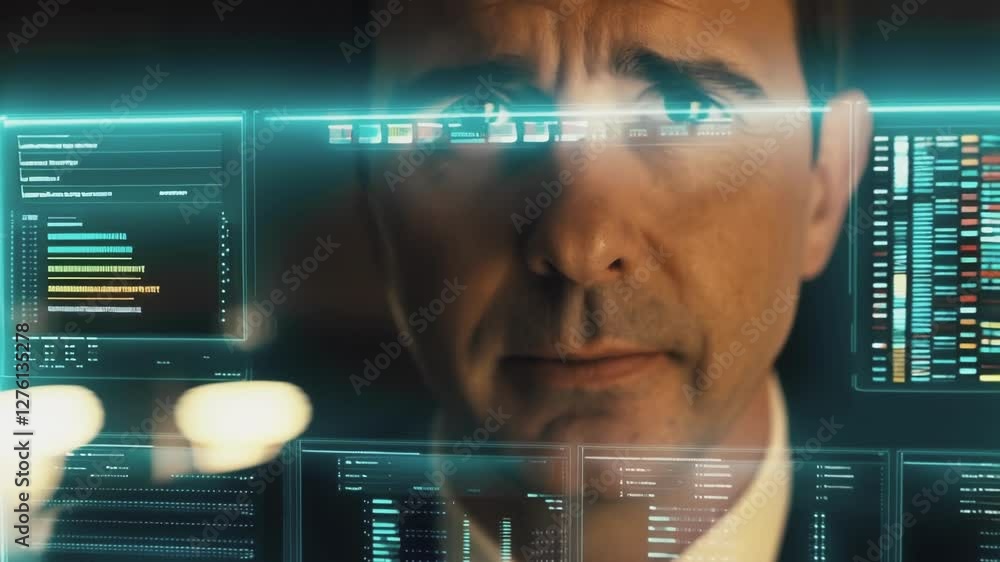 Poster Professional businessman in sleek suit engaging with advanced holographic interface, analyzing complex data streams and algorithmic code lines against dark, blurred background