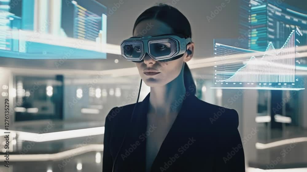 Poster businesswoman working with virtual reality headset, analyzing financial data holograms in sleek mode