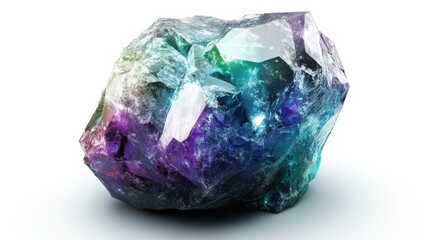 A stunning, multicolored crystal showcasing a blend of vibrant hues like green, purple, and blue, with sharp, shining surfaces highlighting its natural beauty.
