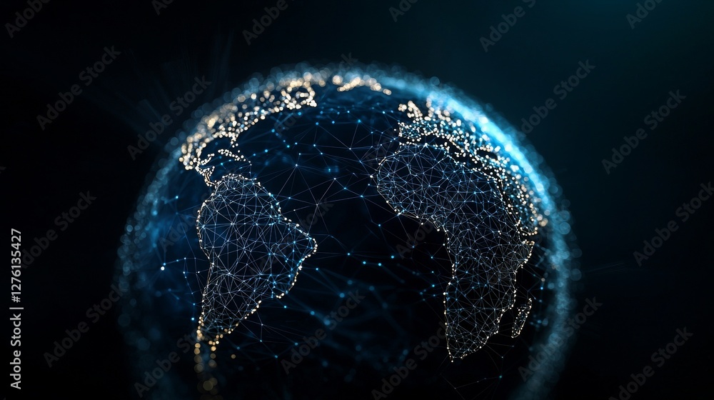 Poster a 3d rendering illustrates the concept of a global network through a point on the world map on plane