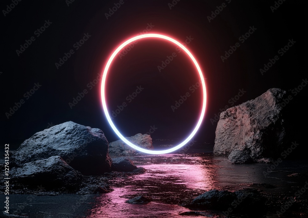 Poster a 3d rendering features an abstract cosmic landscape with a round portal, illuminated by pink and bl