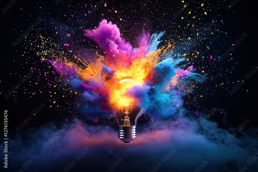 Poster light bulb exploding with colorful powder and smoke on black background