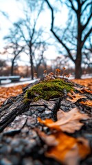 Obraz premium Autumn Park Scene Mushrooms on Mossy Log City Park Nature Photography Tranquil Environment Close-up View Seasonal Beauty