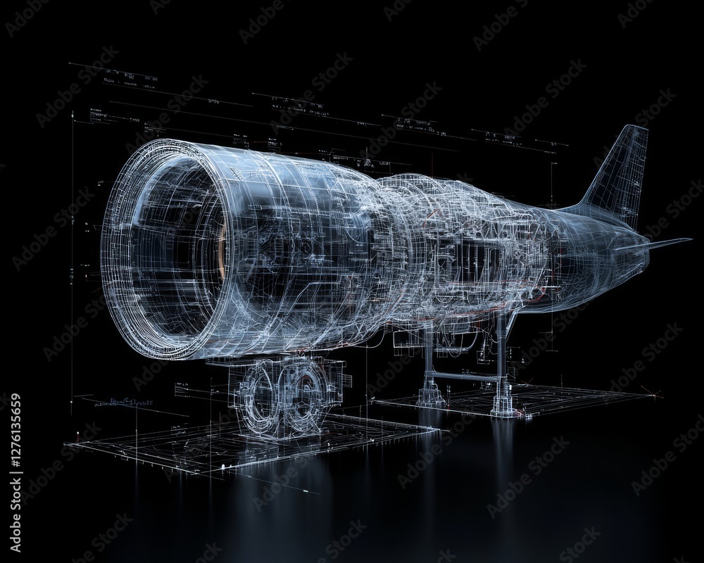 Fototapete a 3d rendering image showcases a turbojet engine and its mirrored physical body in wireframe on a bl