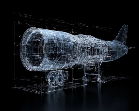 A 3D rendering image showcases a turbojet engine and its mirrored physical body in wireframe on a black background, illustrating the digital twin concept