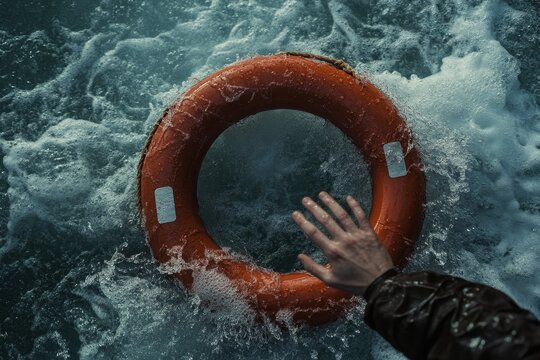 Hand reaching for an orange life preserver in the water.