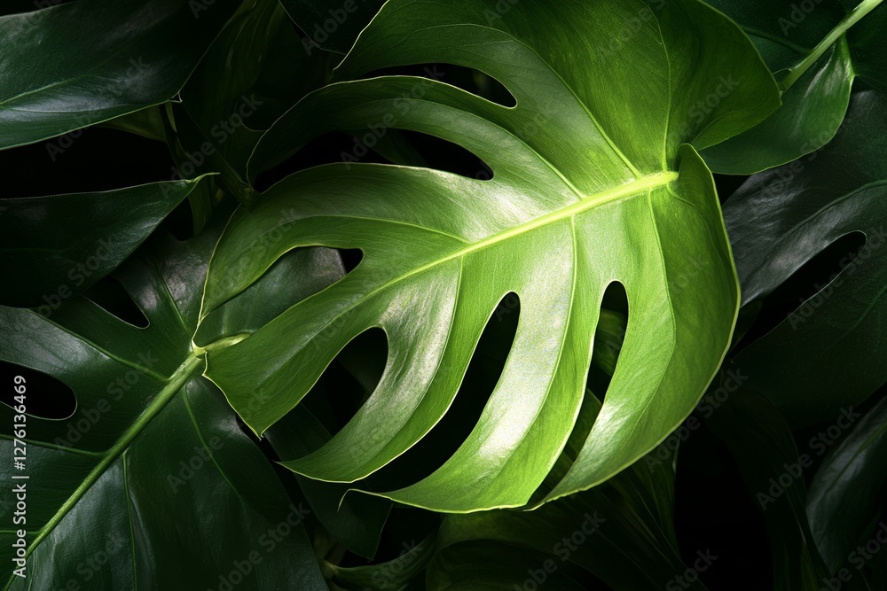 Poster a closeup of tropical green leaves with a dark tone is processed to create an abstract background wi