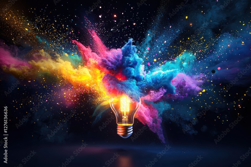 Poster Light bulb generating colorful explosion of ideas and creativity