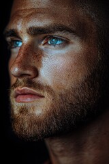 Obraz premium Young man with striking blue eyes and a well-groomed beard showcasing his unique freckled complexion in moody lighting