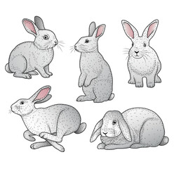 Vintage Hand-Drawn Bunny Illustrations. Set.