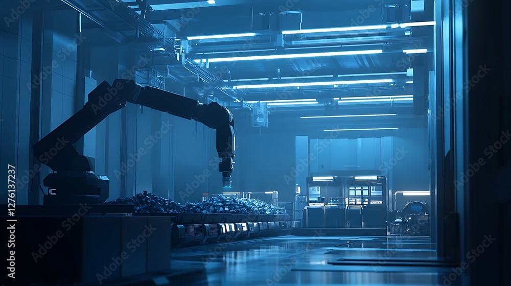 Poster industrial robot arm sorting components in blue lit factory setting