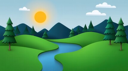 Obraz premium Serene landscape illustration featuring a meandering river, rolling hills, and dark mountains under a bright sun. The style is reminiscent of paper