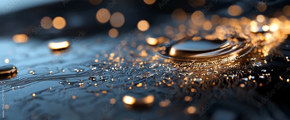 Poster the image of a circuit board serving as a futuristic server is shown processing code, with an orange