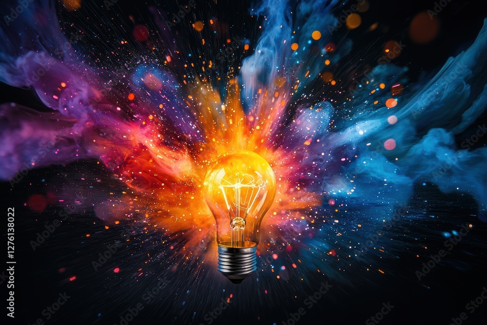 Aufkleber bright light bulb exploding with colorful smoke and sparks
