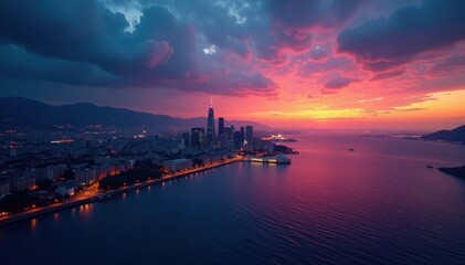 Fototapeta premium Dramatic cityscape at dusk, vast body of water, skyscrapers, landscape, city