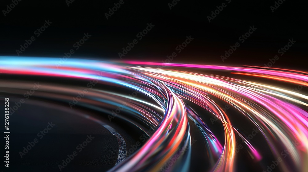 Poster the image is a 3d rendering of an abstract neon background filled with ascending pink and blue glowi