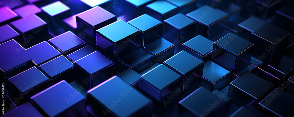 Poster abstract 3d rendering of shiny blue and purple cubes in a complex geometric pattern