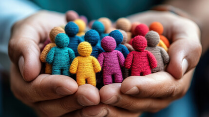 A collection of fabric figures represented in diverse colors held in hands, symbolizing inclusivity, community, and the importance of individuality within a larger human connection.