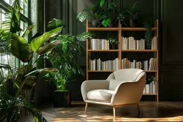 Fototapeta premium A modern bookshelf with a contemporary design, featuring plants, functions as a stylish decorative piece for virtual office settings, studio backdrops, or large-format prints to elevate a room's