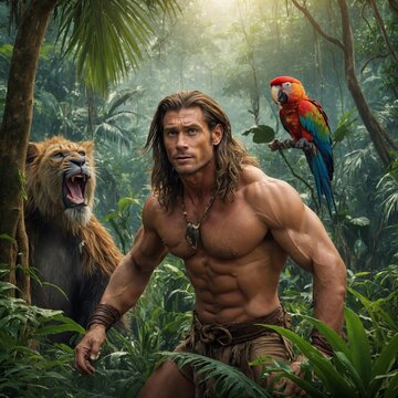 "Cartoon-style Tarzan standing confidently in the jungle, surrounded by various animals such as a friendly leopard, a curious monkey, a colorful parrot, and an elephant calf. Tarzan has wild, flowing 