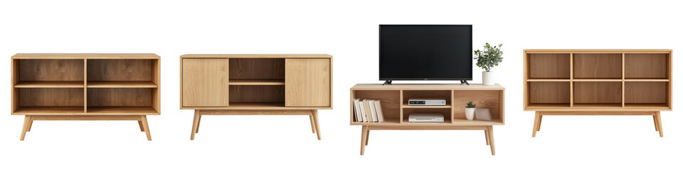 Elegant arrangement of wooden furniture pieces including cabinet shelves TV stand and console in a minimalist contemporary living room interior design
