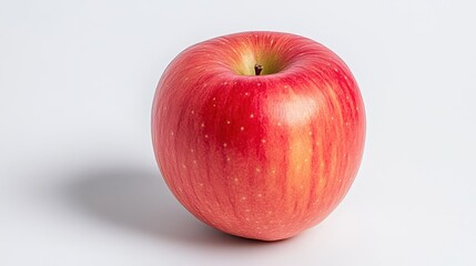 A single, ripe, red apple sits on a white background. The apple is round with subtle streaks and small specks. Soft lighting creates a gentle shadow